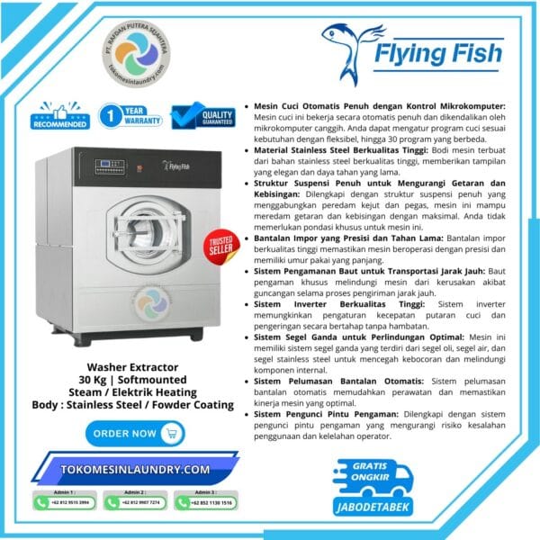 Spesifikasi Washer Extractor Flyingfish kap. 30kg