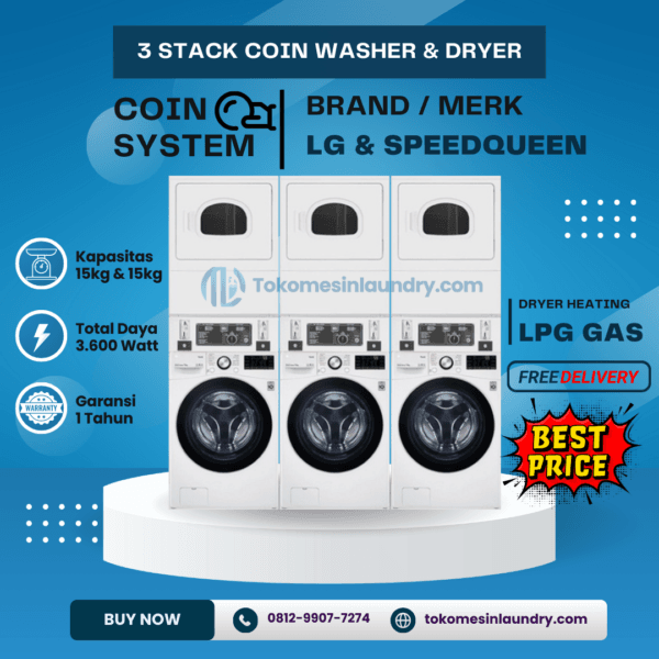 Stack LG 15kg SpeedQueen Coin Operated 3 Set