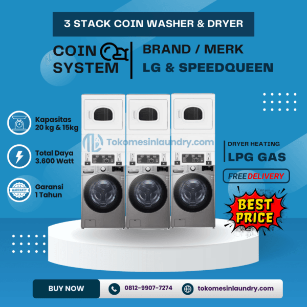 Stack LG 20kg SpeedQueen Coin Operated 3 Set