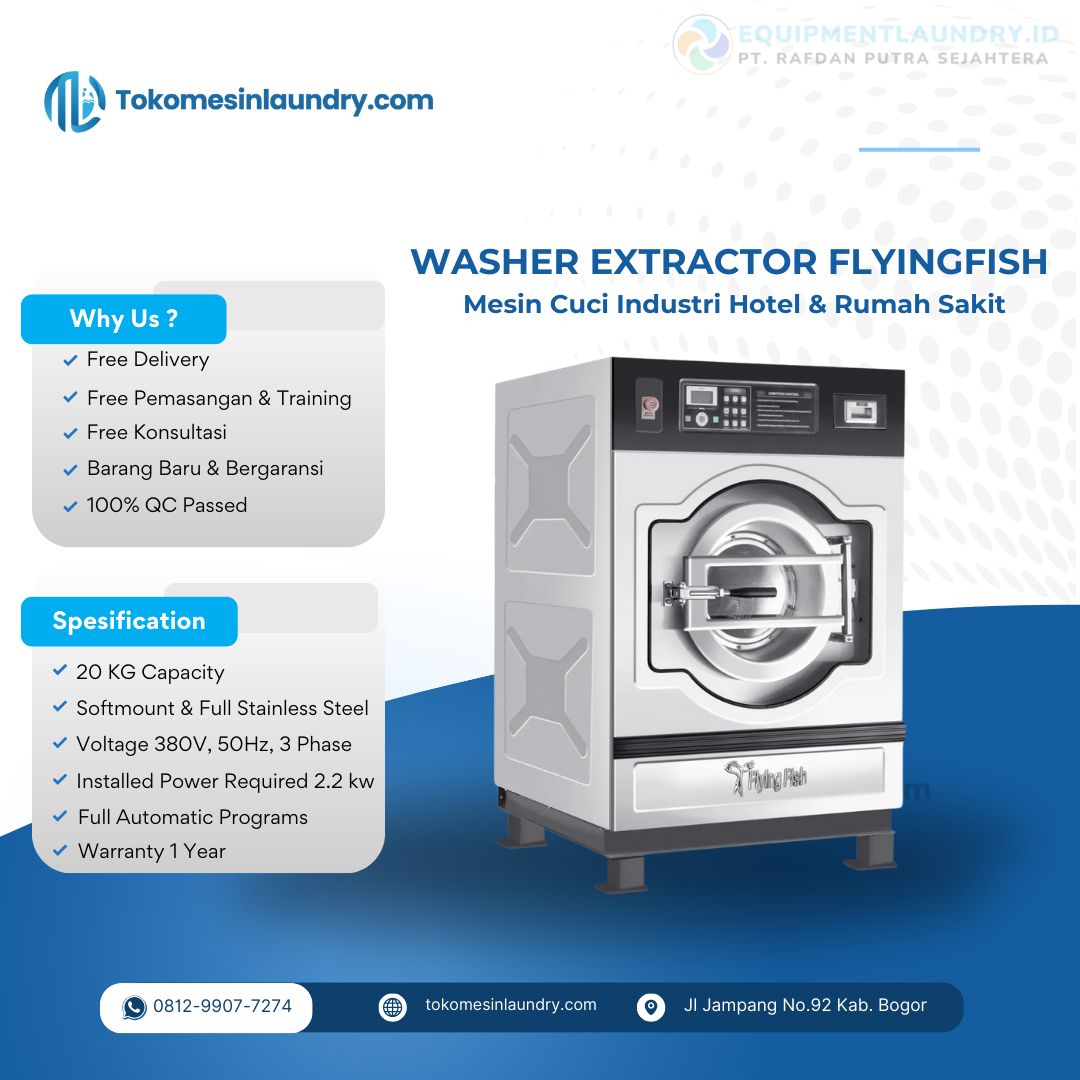Mesin Cuci Rumah Sakit Hotel FlyingFish Kapasitas 20kg