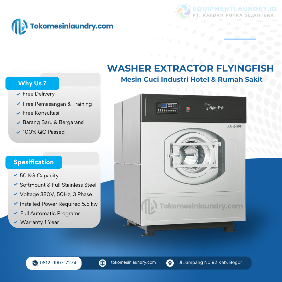 Mesin Cuci Rumah Sakit Hotel FlyingFish Kapasitas 50kg